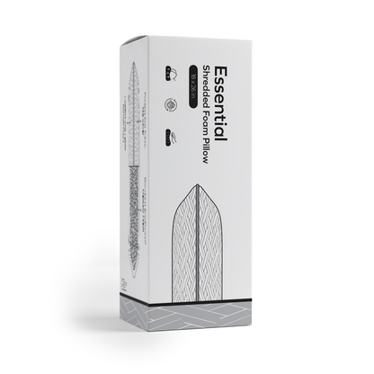 Essential Shredded Foam Pillow retail packaging with cooling knit fabric and shredded memory foam support pillow design by Owen Holmes