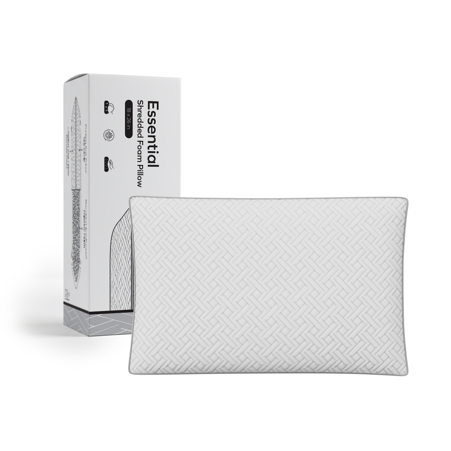 Essential shredded memory foam pillow with retail packaging, cooling knit cover and breathable shredded foam fill for comfortable neck support by Owen Holmes