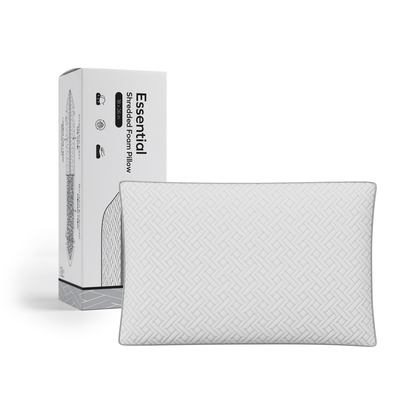 Essential shredded memory foam pillow with retail packaging, cooling knit cover and breathable shredded foam fill for comfortable neck support by Owen Holmes