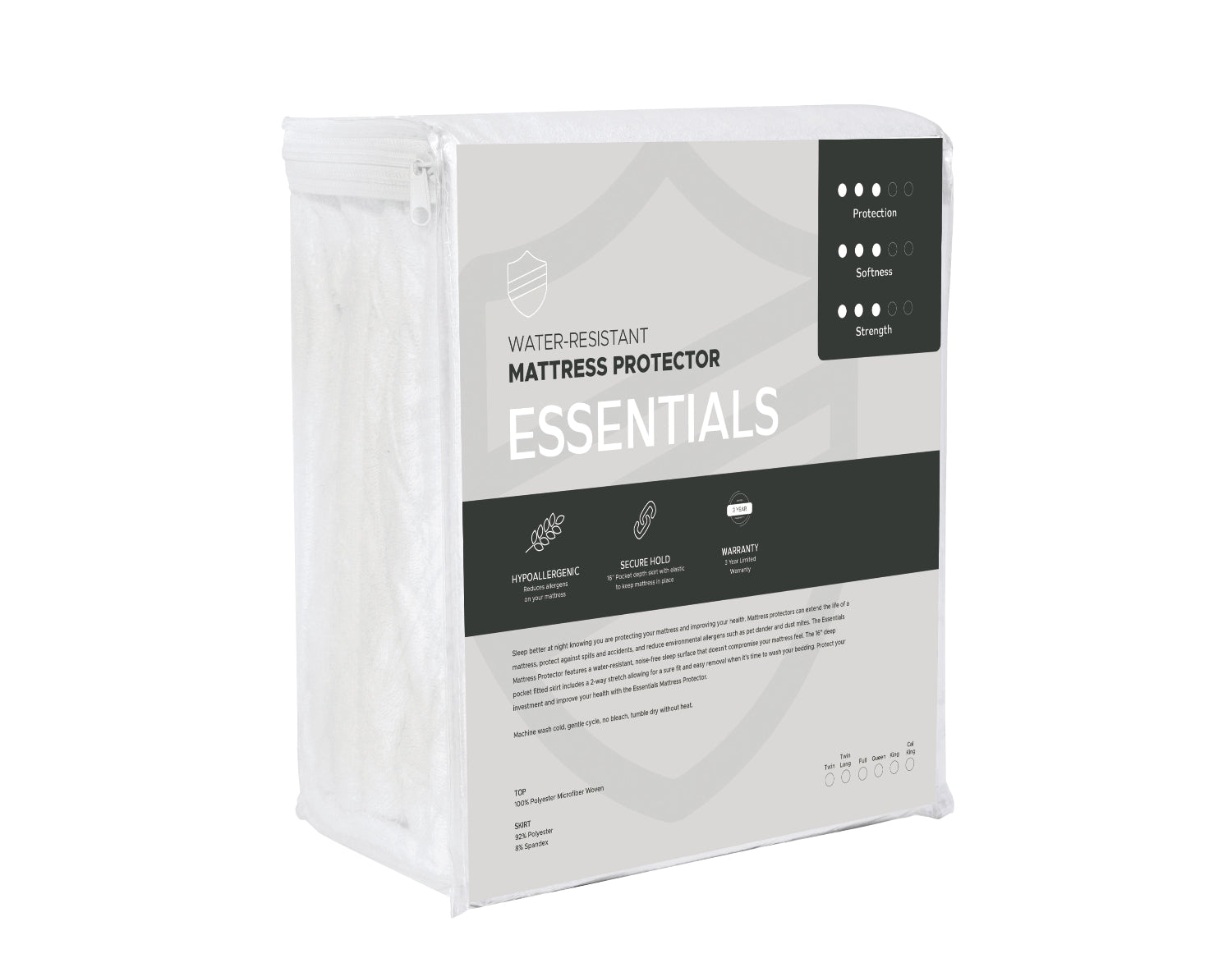 Water-resistant mattress protector called Essentials, packaging on a white background