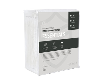 Water-resistant mattress protector called Essentials, packaging on a white background