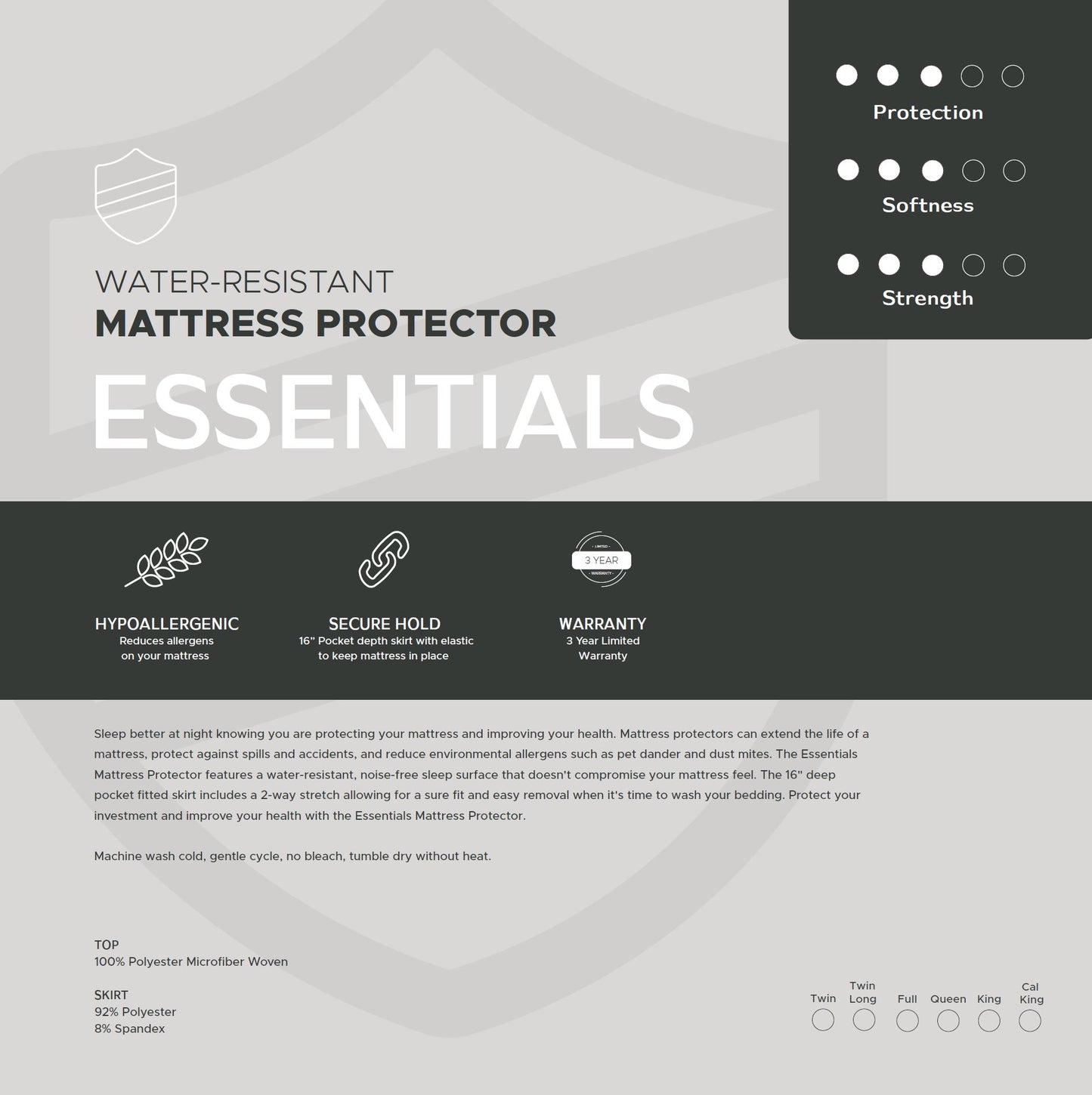 printed insert for the water-resistant mattress protector called Essentials with features listed on a gray background