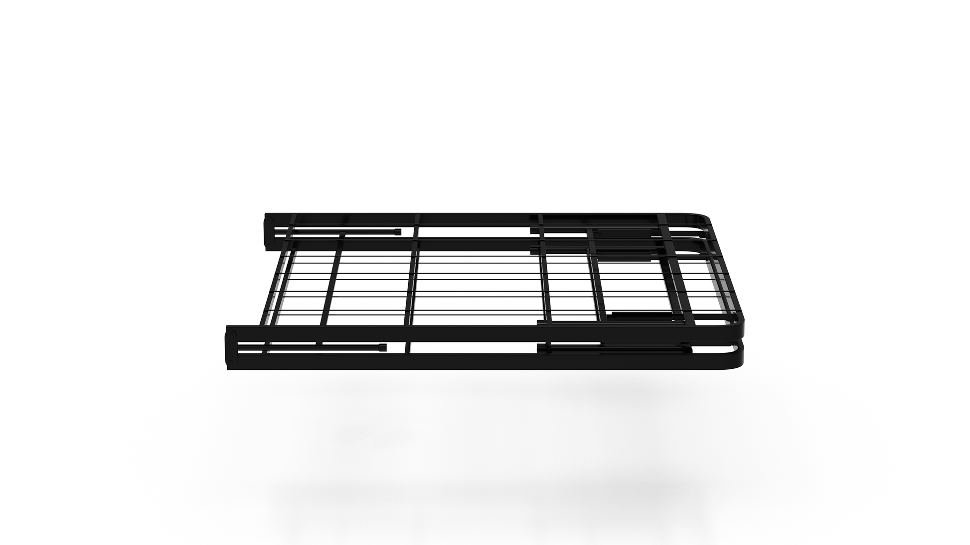 Steel platform bed is folded in half to show it would be easy for storage