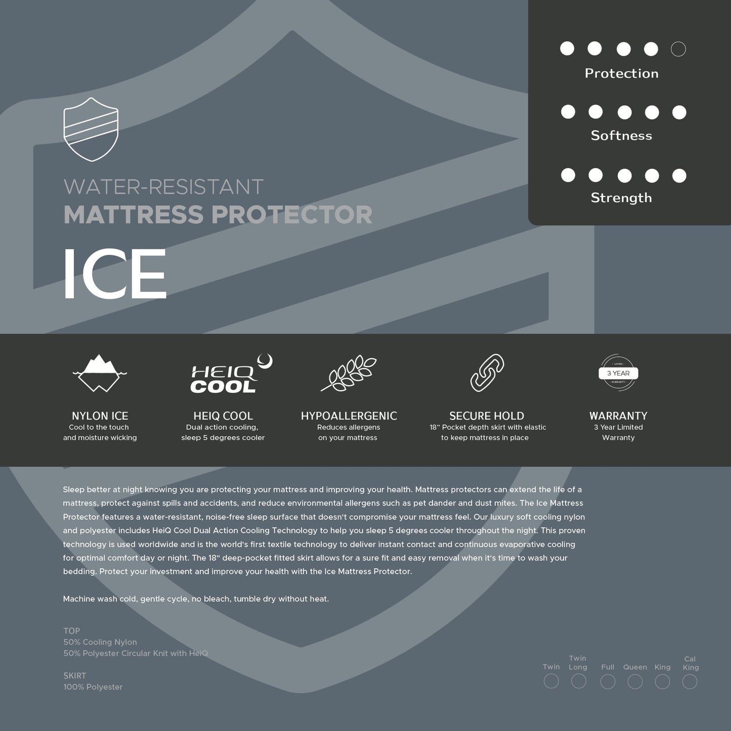 Product packaging for a water-resistant mattress protector called ICE with features listed.