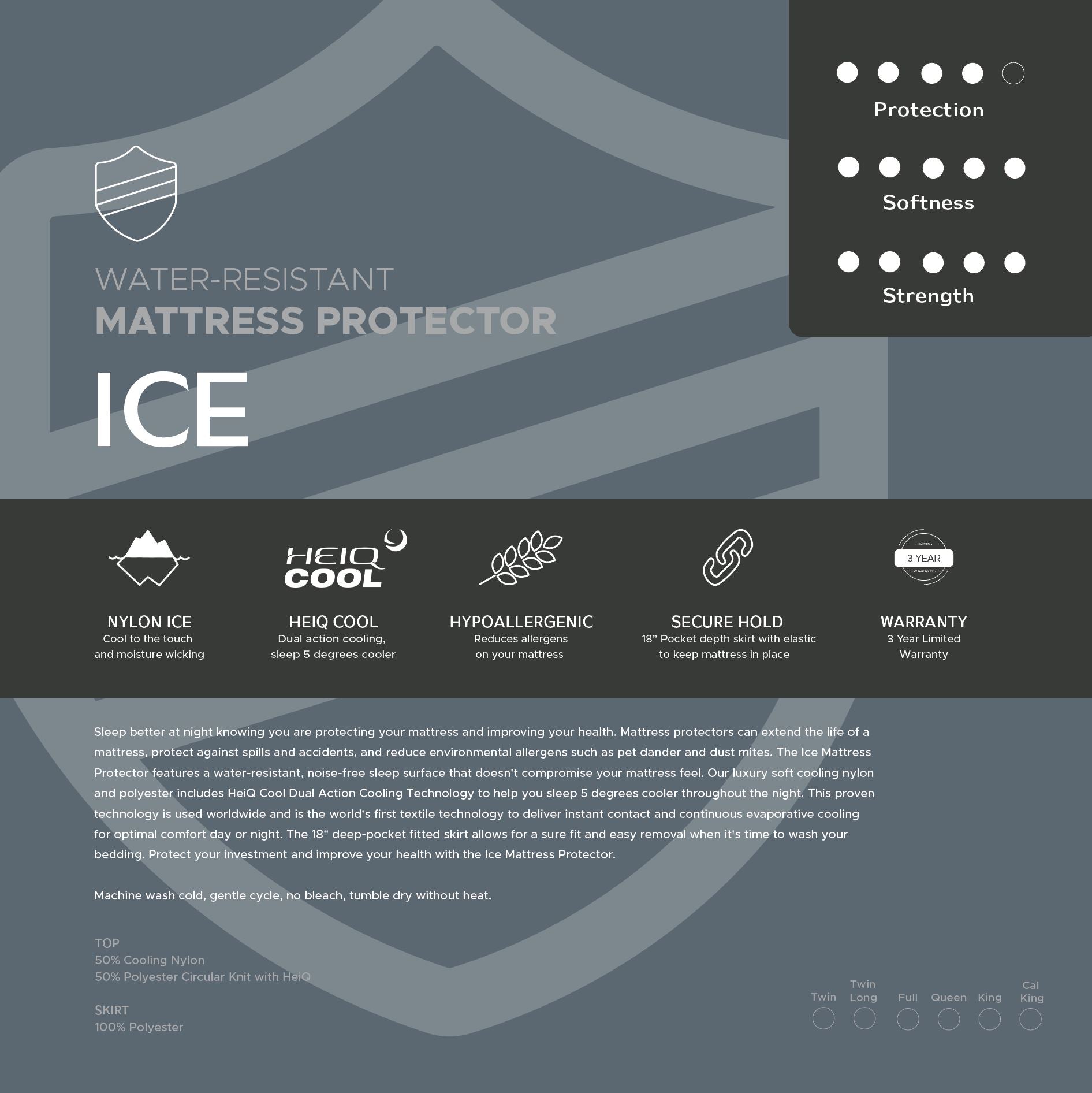 Product packaging for a water-resistant mattress protector called ICE with features listed.