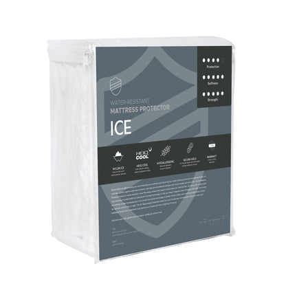 Packaging of a water-resistant mattress protector called ICE with text and icons on a white background