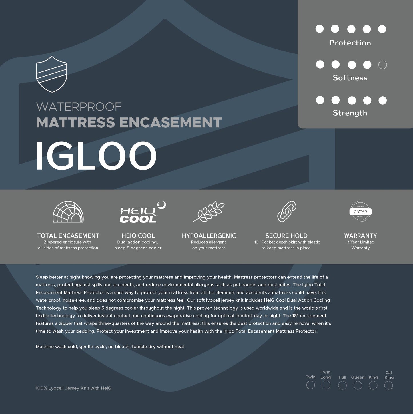 Advertisement for Igloo waterproof mattress encasement with features listed on a dark background.