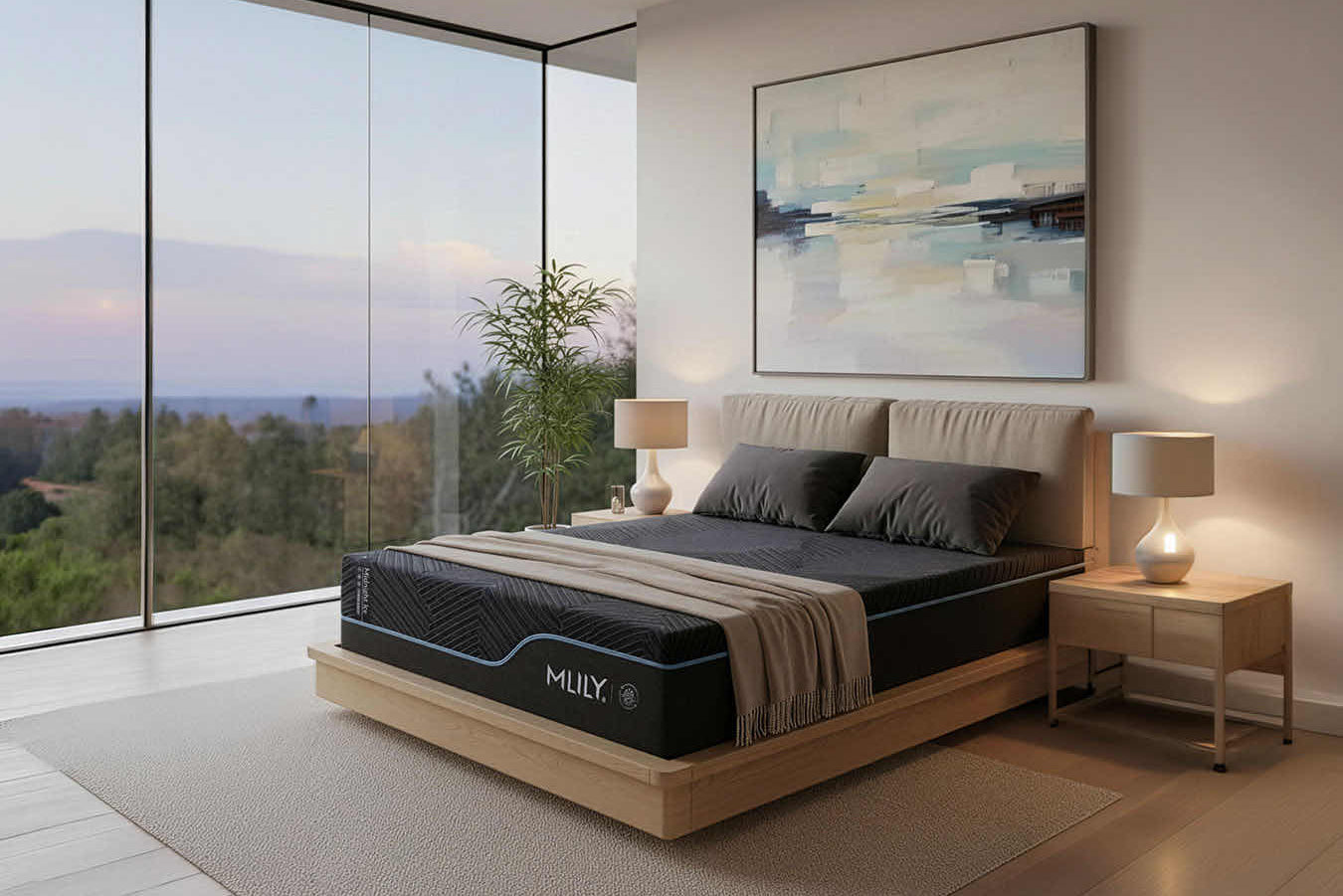 A modern bedroom scene featuring a bed with a black and gray mattress branded 'MLILY'. The room has a minimalist design with a light wood platform bed frame, matching nightstands, two lit table lamps, a beige rug, and a large window showing an outdoor view.