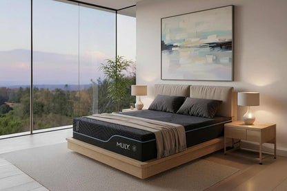 A modern bedroom scene featuring a bed with a black and gray mattress branded 'MLILY'. The room has a minimalist design with a light wood platform bed frame, matching nightstands, two lit table lamps, a beige rug, and a large window showing an outdoor view.