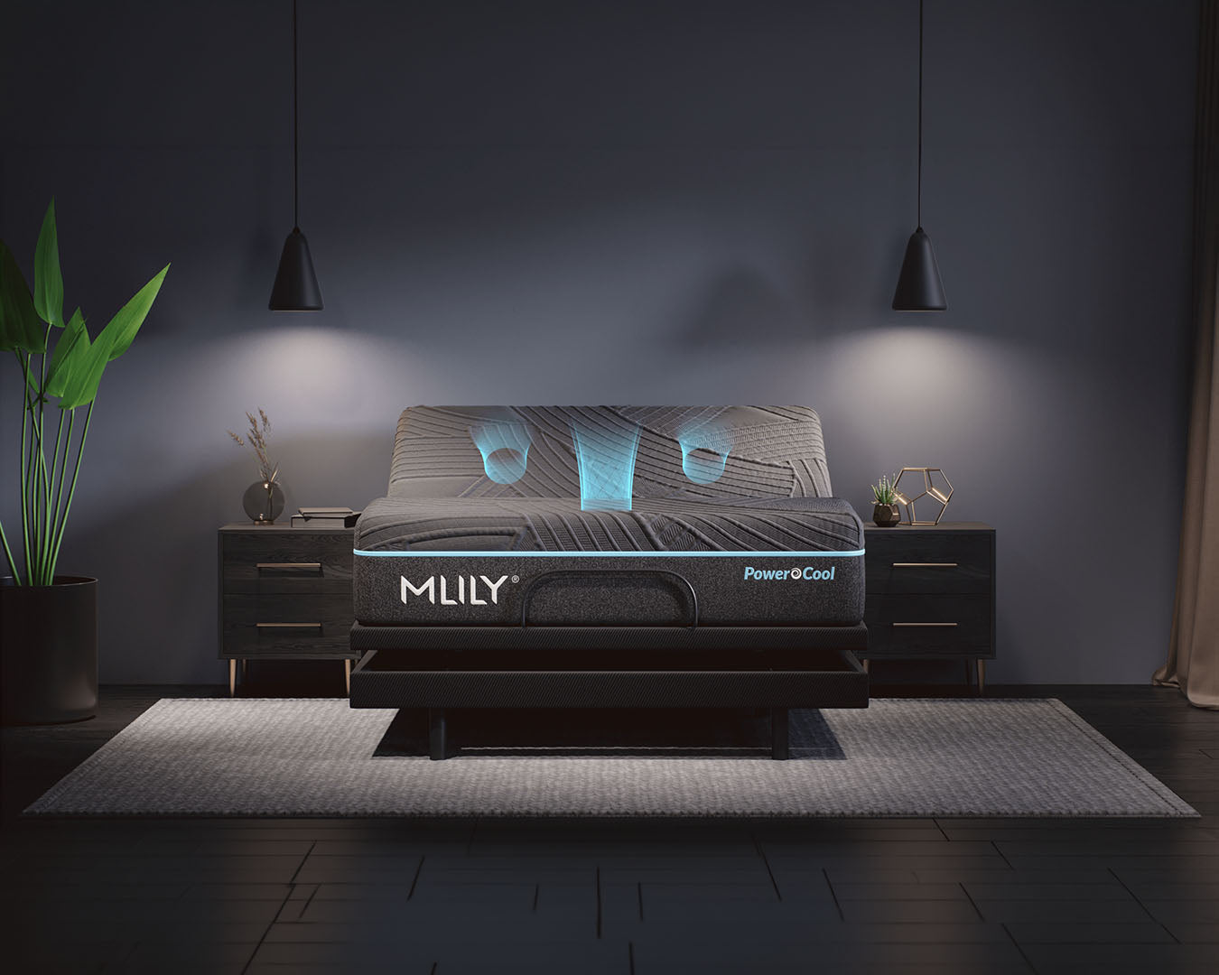 An Adjustable bed frame with a mattress shown in a styled bedroom scene. The bed frame is black with a glowing blue accent lines showing the built-in fan flow from the adjustable through the mattress. Brand name 'MLILY' is visible on the front.