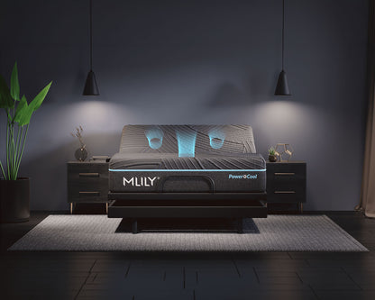 An Adjustable bed frame with a mattress shown in a styled bedroom scene. The bed frame is black with a glowing blue accent lines showing the built-in fan flow from the adjustable through the mattress. Brand name 'MLILY' is visible on the front.
