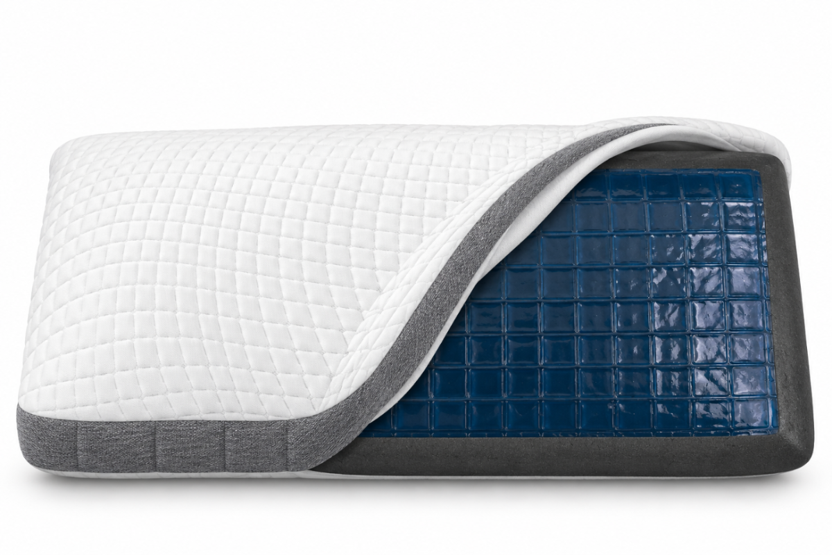 Owen Holmes charcoal gel memory foam pillow with white quilted cover and gray side panel folded back to reveal the gel foam core.
