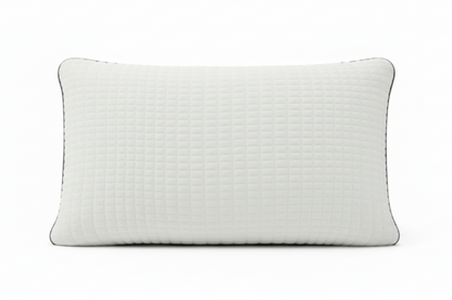 Owen Holmes charcoal-infused memory foam pillow with white quilted cover and gray zipper detail.