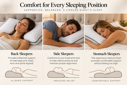 Back, side and stomach sleepers pictured using the Owen Holmes Charcoal memory foam pillow.