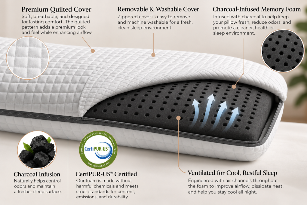 Charcoal pillow construction showing a quilted removable cover and black, perforated charcoal-infused memory foam core.