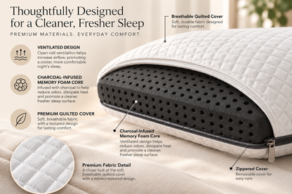 Charcoal pillow construction showing a quilted removable cover and black, perforated charcoal-infused memory foam core.