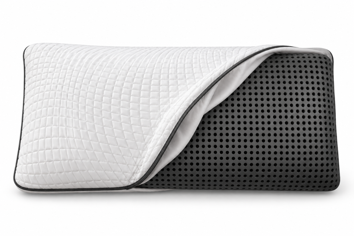 Owen Holmes charcoal memory foam pillow with quilted cover partially removed to reveal the ventilated charcoal foam core.