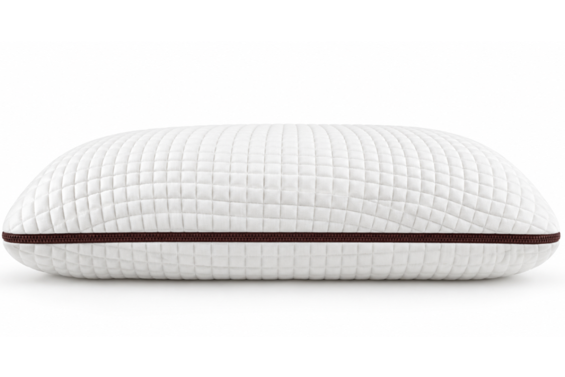 Owen Holmes copper-infused memory foam pillow with white quilted cover and brown zipper detail