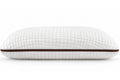 Owen Holmes copper-infused memory foam pillow with white quilted cover and brown zipper detail