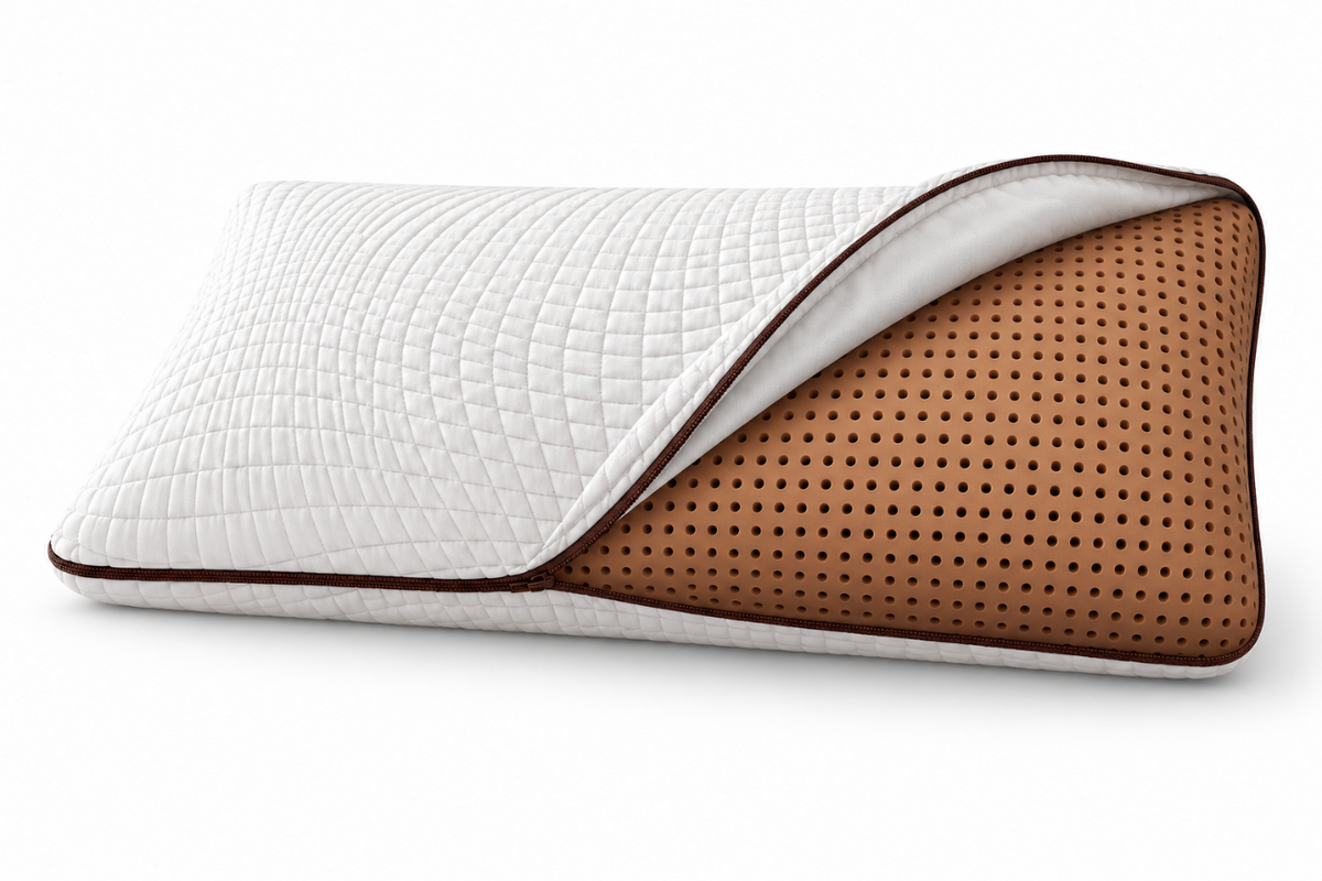 Owen Holmes copper-infused memory foam pillow with quilted cover folded back to reveal the ventilated copper foam core.