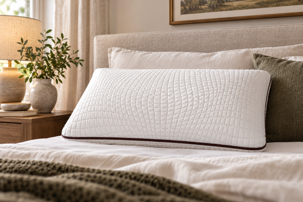 Owen Holmes Copper Pillow with quilted cover placed no the bed of a luxury room