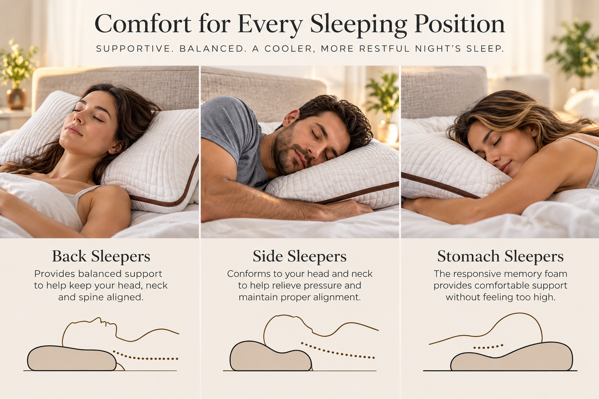 Lifestyle images illustrating back, side and stomach sleeping positions with the Owen Holmes Copper pillow.