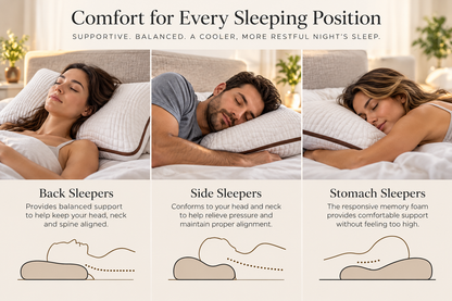 Lifestyle images illustrating back, side and stomach sleeping positions with the Owen Holmes Copper pillow.