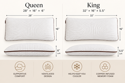 Copper pillow size comparison: Queen measures 28 x 16 x 6 inches; King measures 32 x 16 x 5.5 inches.
