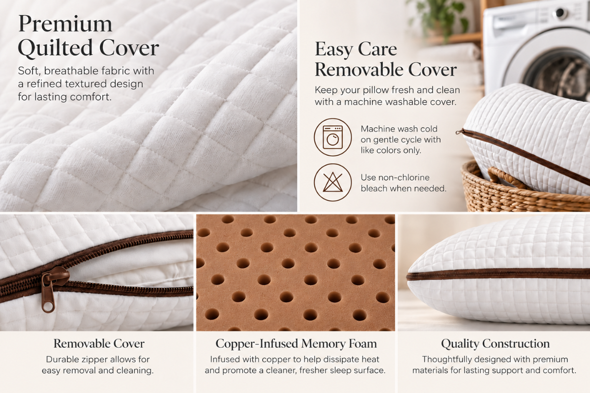 Close-up images of the Copper pillow's quilted cover, zipper, ventilated foam core and removable cover care details.