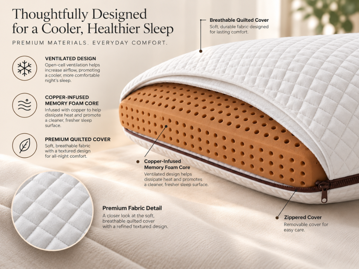 Copper pillow construction showing the white quilted cover, removable zipper and ventilated copper-infused foam core.
