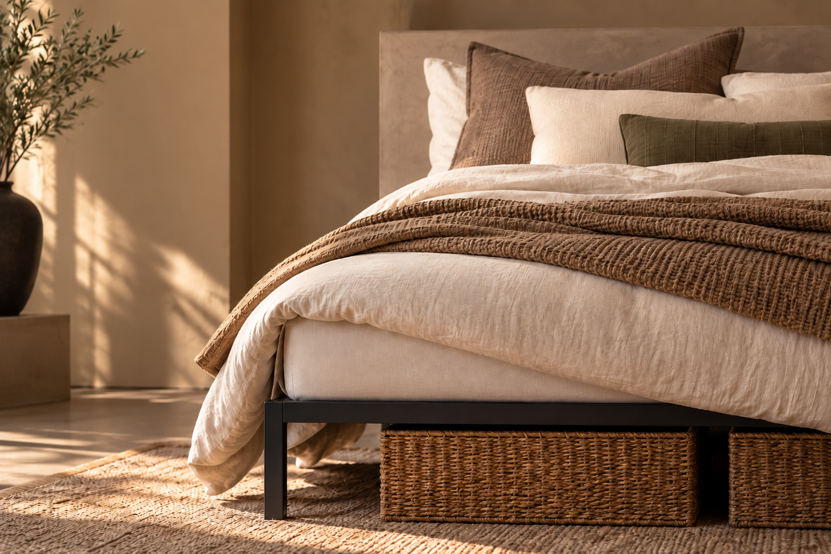 Warm fall bedroom with layered neutral bedding, woven storage baskets, and a black steel platform bed