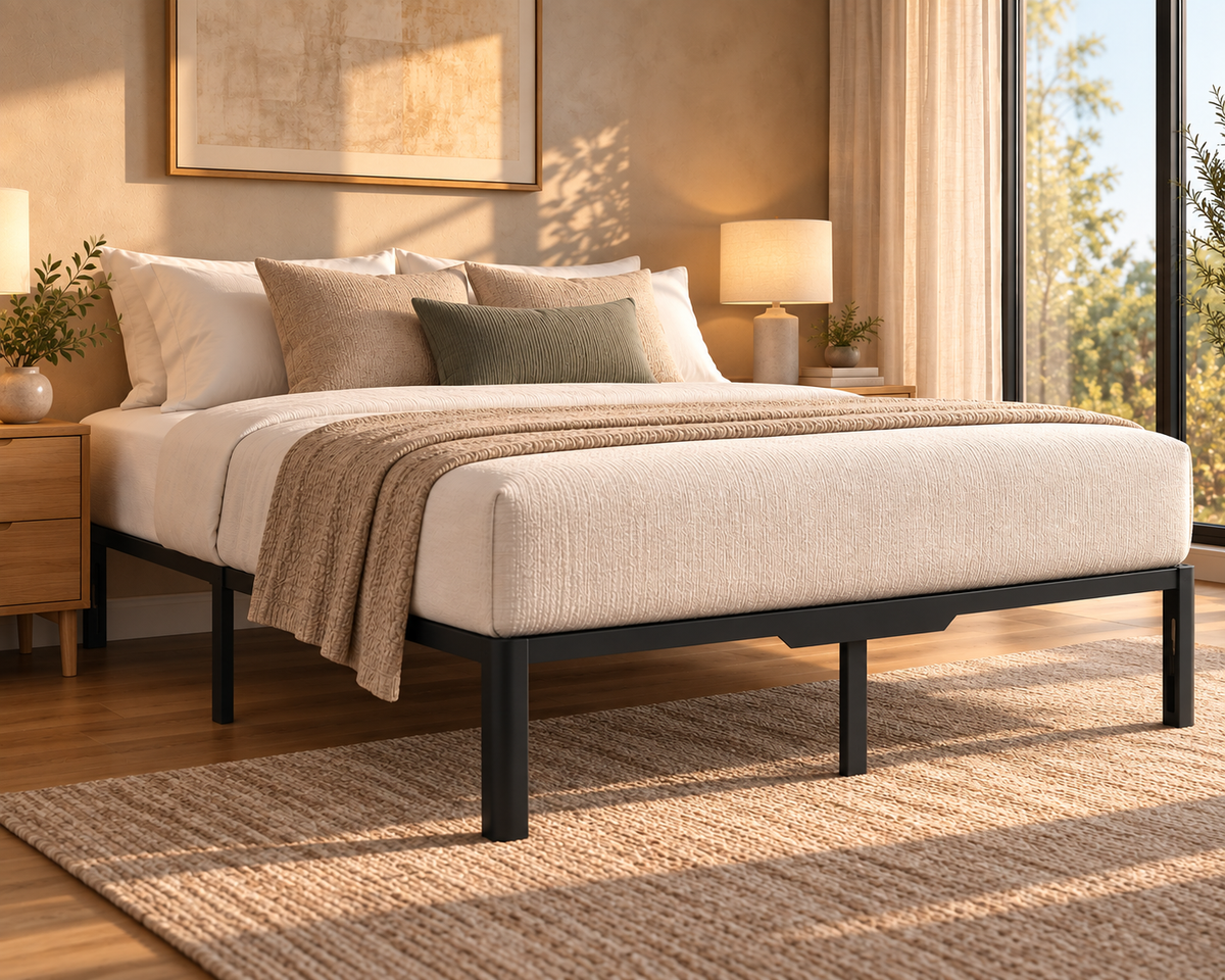 Owen Holmes black steel platform bed base styled with a premium mattress and neutral bedding in a warm modern bedroom.