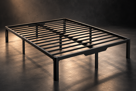 Owen Holmes black steel platform bed base with tool-free assembly and elevated under-bed clearance.