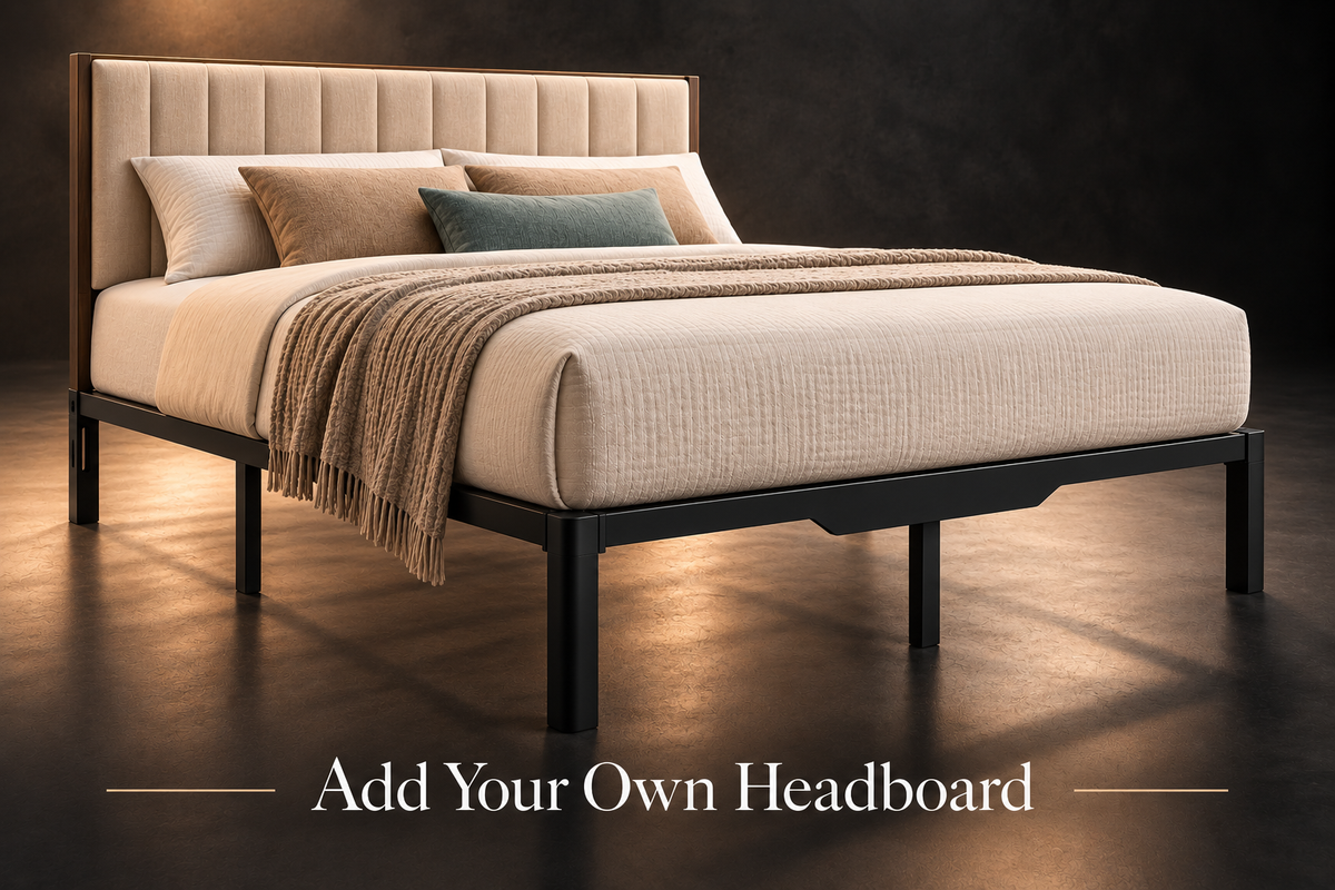 14-Inch Steel Platform Bed Base styled with mattress, bedding, and a compatible headboard