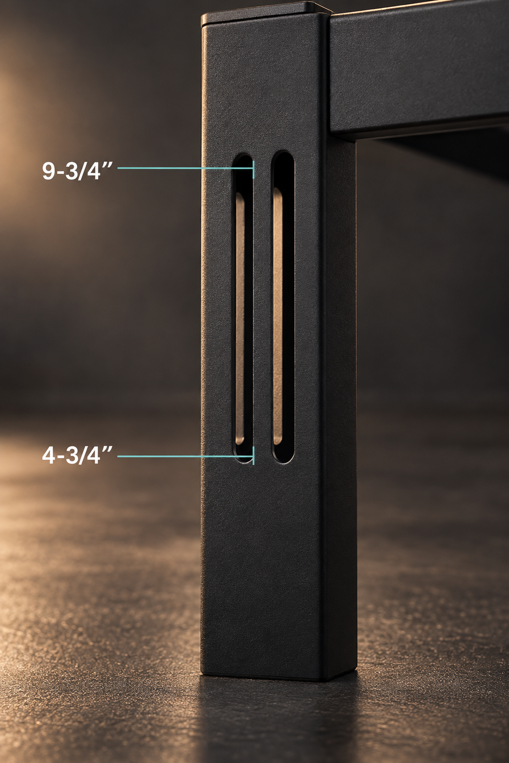 Close-up of Owen Holmes steel platform bed headboard mounting slots with 9-3/4 inch and 4-3/4 inch measurements.