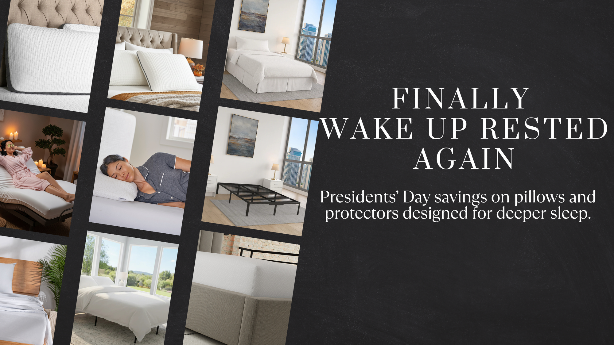 Lifestyle bedroom images featuring Owen Holmes bedding and adjustable bases promoting better sleep during Presidents’ Day Sale.