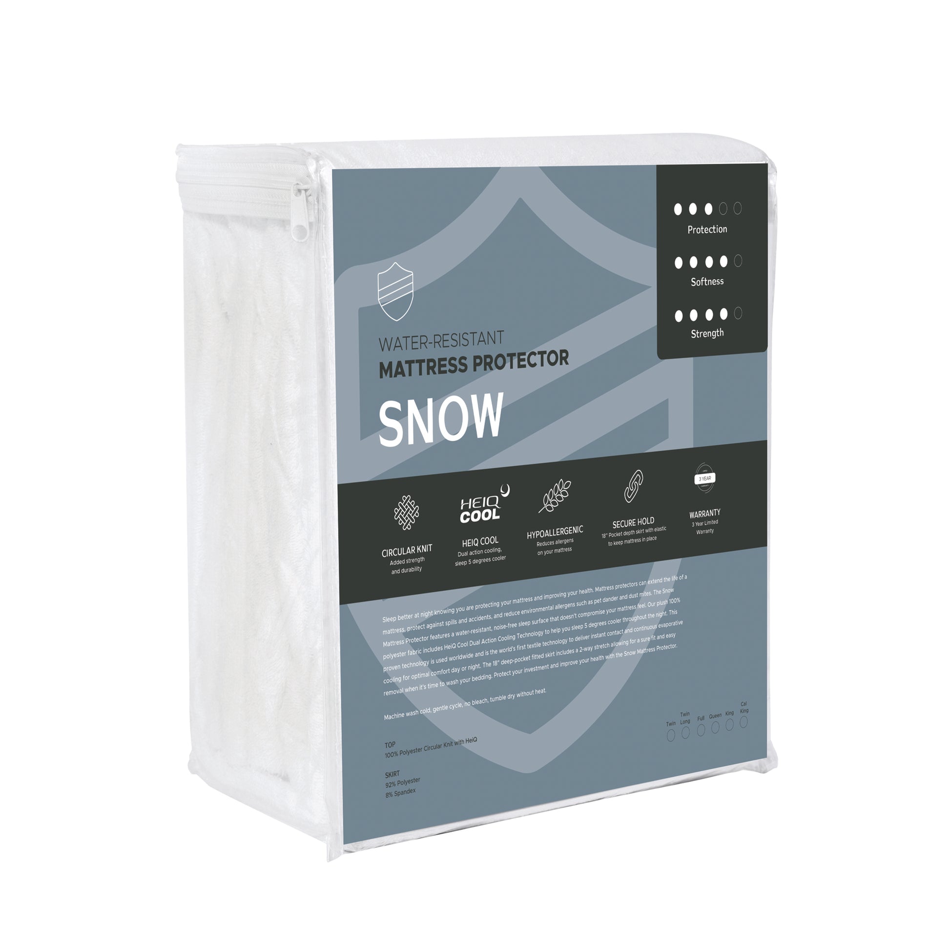 Box of a water-resistant mattress protector labeled 'Snow' on a white background
