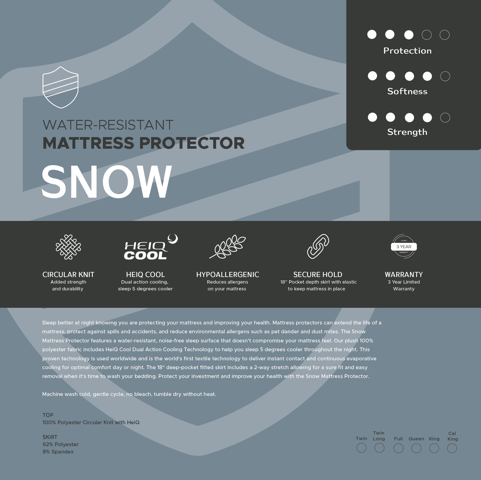 Water-resistant mattress protector called Snow with features and benefits on a gray background