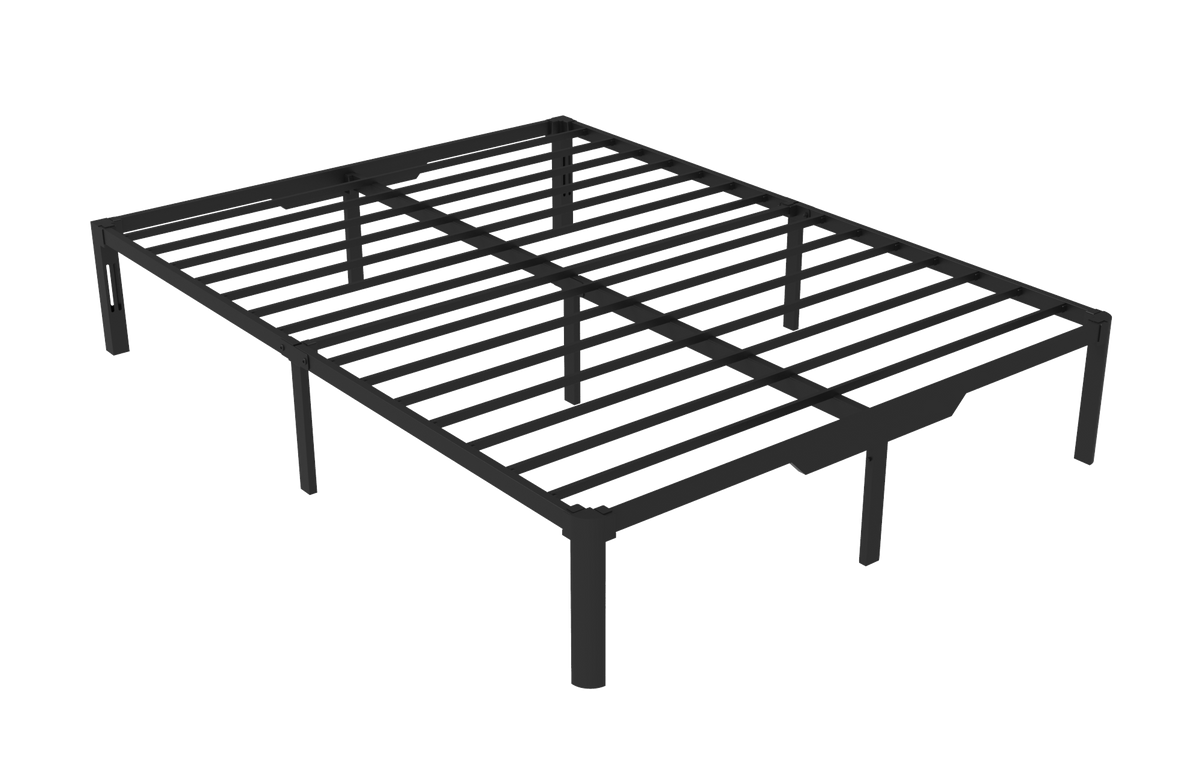 Angled view of the Owen Holmes black steel platform bed frame showing steel slats and support legs