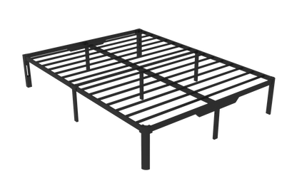 Angled view of the Owen Holmes black steel platform bed frame showing steel slats and support legs