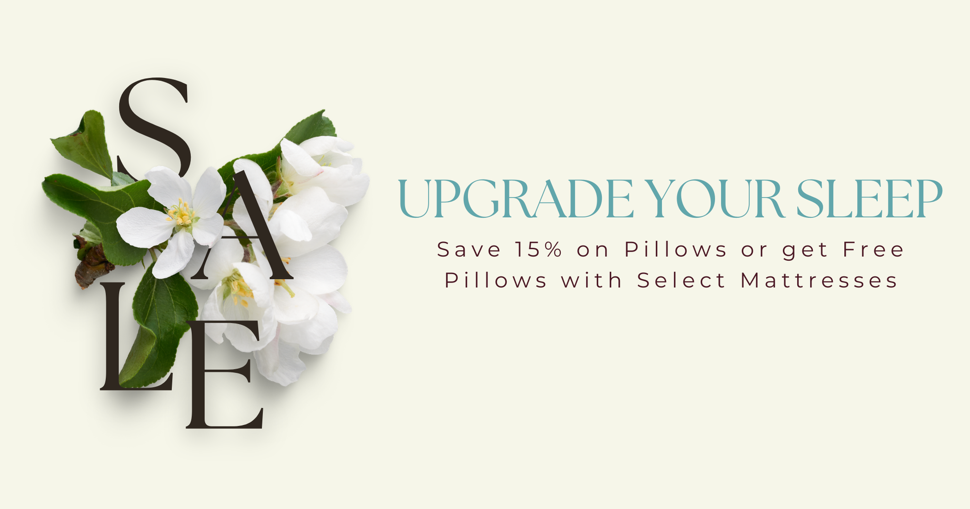 Upgrade your sleep sale banner with 15% off pillows or free pillows on select mattresses from Owen Holmes
