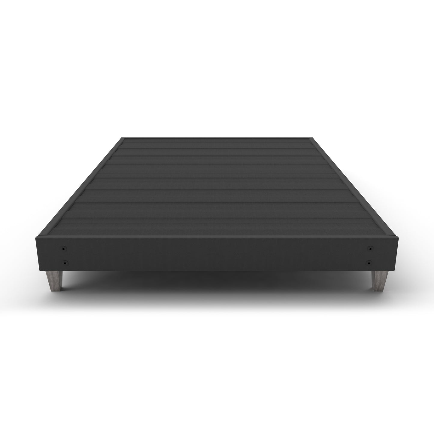 Dark gray upholstered platform bed frame on a white background