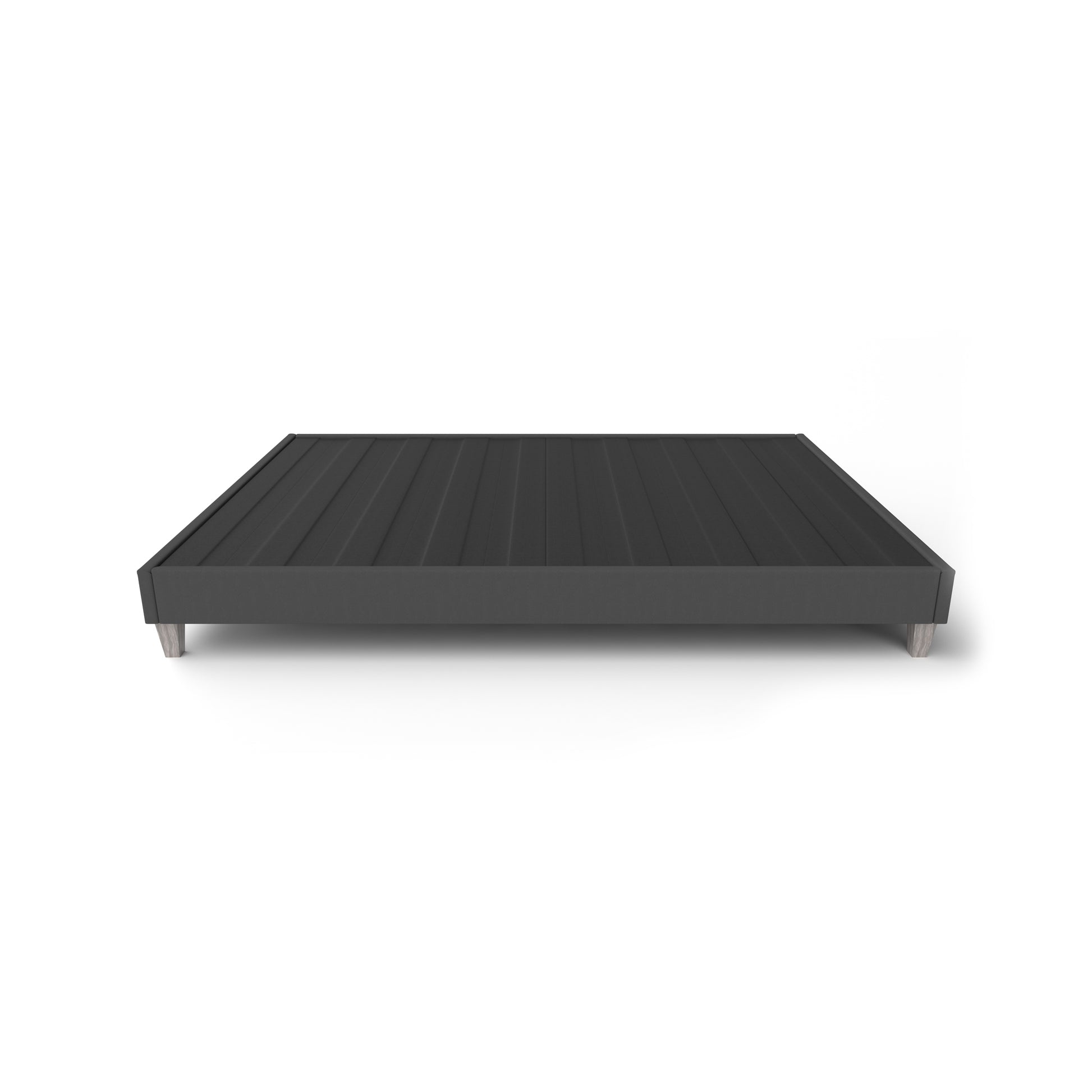 Dark gray upholstered platform bed on a white background
