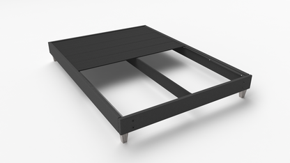 upholstered platform bed frame with slats removed to show space underneath. image is on a white background